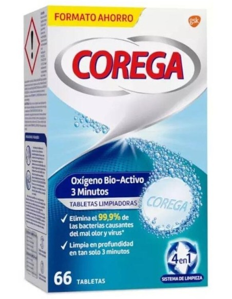 Corega Oxígeno Bio Activo 3 Minutos Tabletas Limpiadoras 66Uds