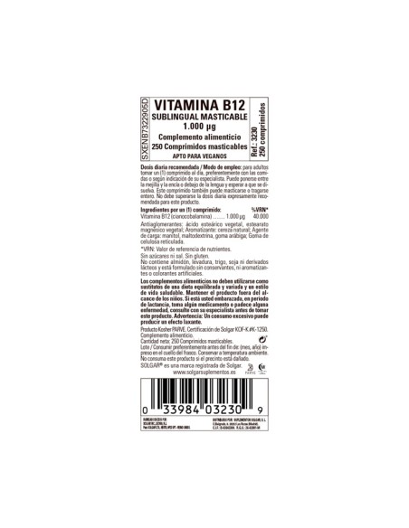 Solgar Vitamina B12 1000Mcg 250 Comprimidos Sublinguales
