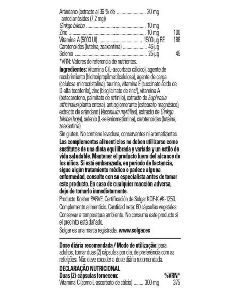 Solgar Arándano-Ginkgo complejo de Euphrasia 60 cápsulas vegetales
