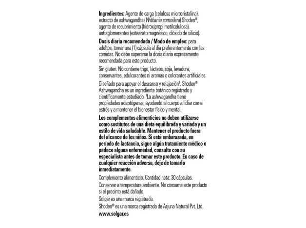 Solgar Ashwagandha Shoden 30 Cápsulas