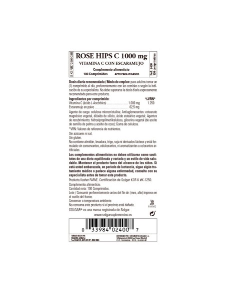 Solgar Vitamina C 1000 Mg With Rose Hips 100 Comprimidos