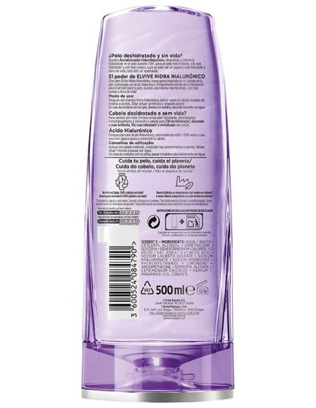 L'Oréal Elvive Hidra Hialurónico Acondicionador 72H Hidratación 500Ml