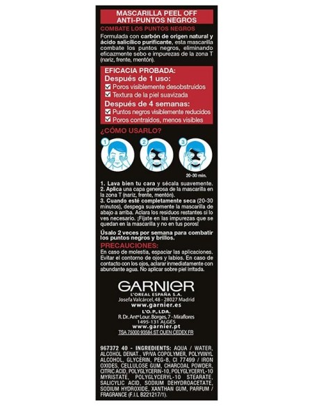 Garnier Pure Active Carbon Mascarilla Peel-Off Puntos Negros 50Ml
