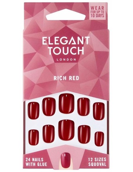Elegant Touch Polished Colour Nails Glue Squoval Rich Red 24Uds