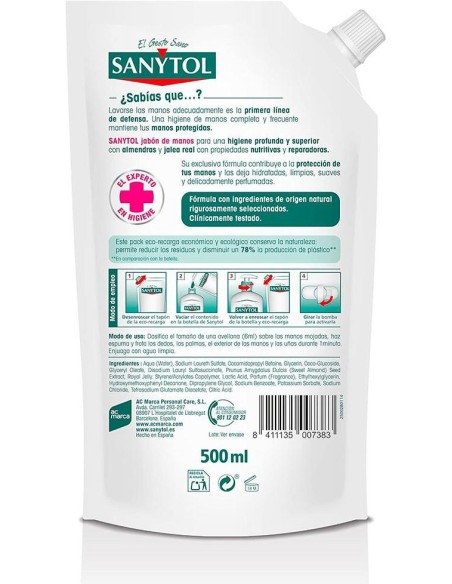 Sanytol Recambio Jabón Antibacteriano Nutritivo Eco 500 Ml