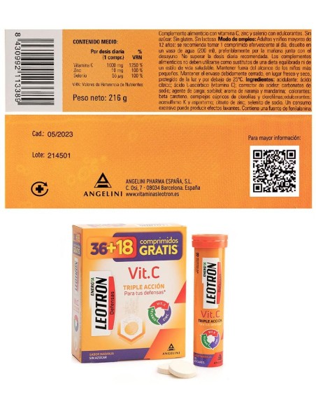Vitamina C Triple Acción Comprimidos Efervescentes 36 + 18 De Regalo Naranja 54 U