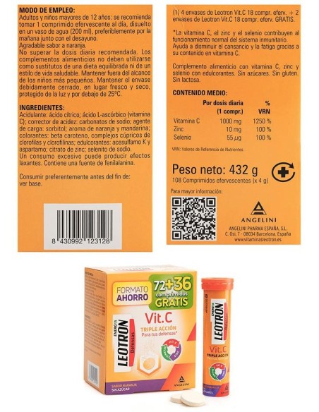 Vitamina C Triple Acción Comprimidos Efervescentes 72 + 36 De Regalo Naranja 54 U