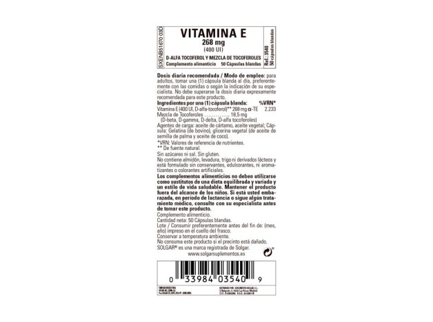 Solgar Vitamina E 268Mg 400Iu 50 Tabletas
