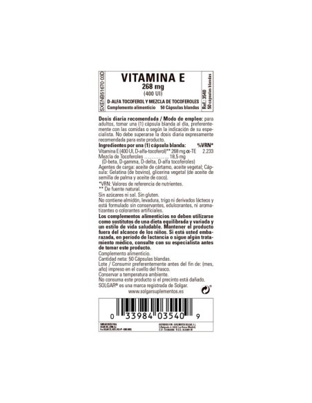 Solgar Vitamina E 268Mg 400Iu 50 Tabletas