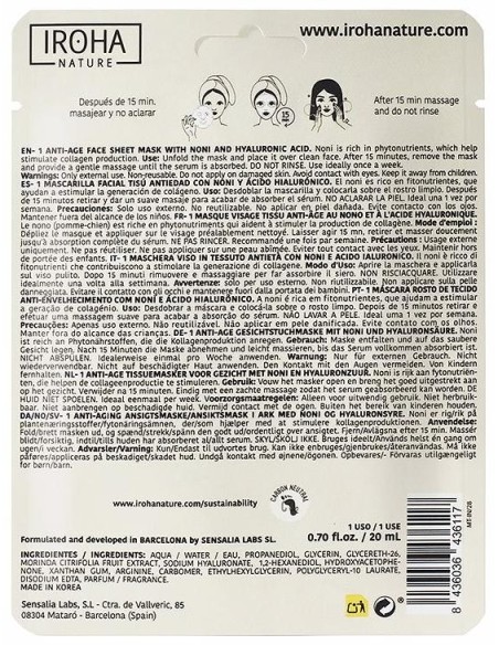 Iroha Nature Mascarilla Facial Tisú Antiedad Noni 20Ml