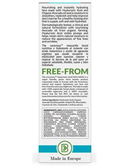 Hyaluronic Acid Intense-Hydration Face Mask Organic Avocado 50 Ml