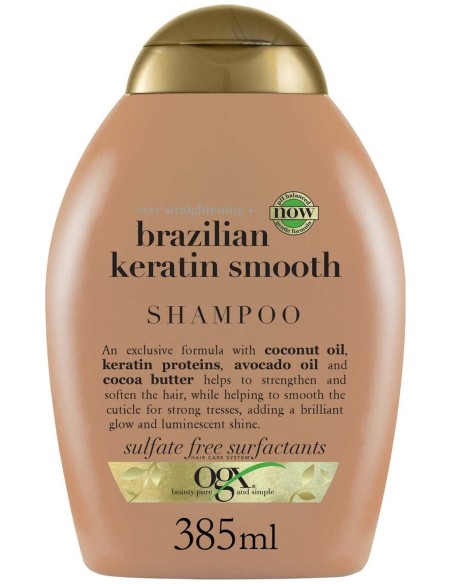 Ogx Champú Queratina Brasileña, Alisa Y Nutre, Cabellos Ondulados O Rizados 385 Ml
