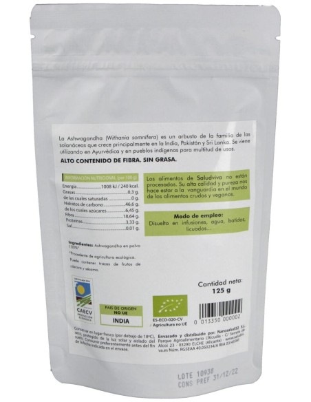 Ashwagandha En Polvo 125Gr. Bio Sg S/A Vegan