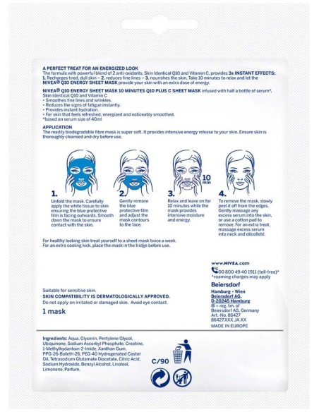Q10+ Vitamina C Anti-Arrugas+Energizante Mascarilla Facial 1 U