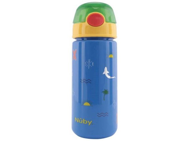 Nuby Taza Con Botón Y Pajita Blanda Surf Azul...