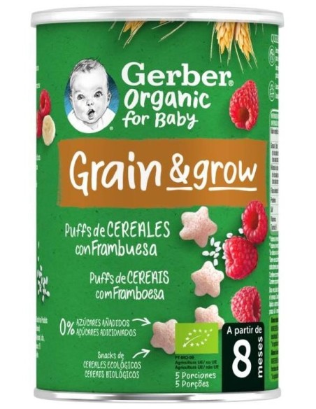 Gerber Organic Grain %26 Grow Puffs Trigo Y Arroz Con Frambuesa 35G