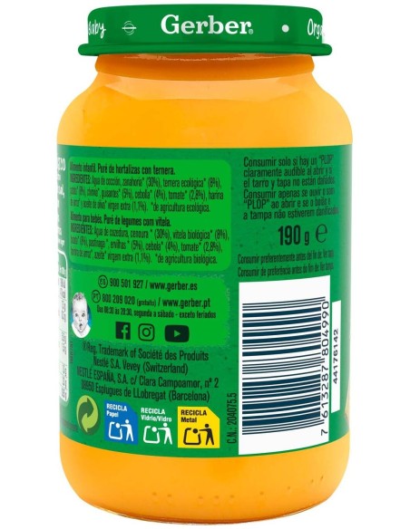 Gerber Organic Tarrito Hortalizas Y Ternera +6 Meses, 190 G