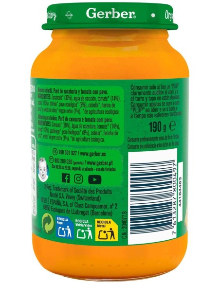 Gerber Organic Tarrito Zanahoria Y Pavo +6 Meses, 190 G