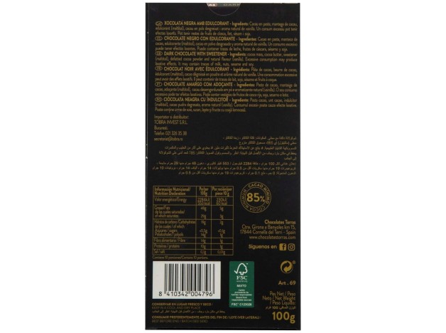 Torras Chocolate Negro 85% Zero 100G