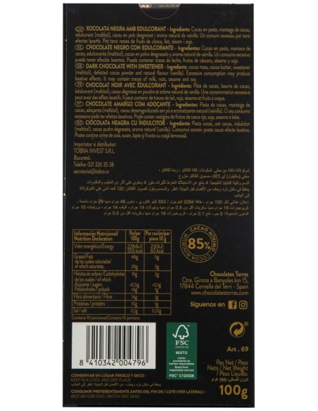 Torras Chocolate Negro 85% Zero 100G