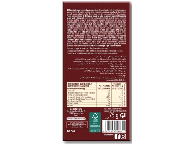 Torras Choco Negro S/G S/A C/Malt 75G