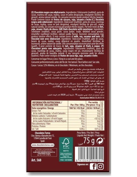 Torras Choco Negro S/G S/A C/Malt 75G