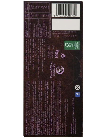 Chocolate Negro 90% Criollo Forastero 100G Bio Sg