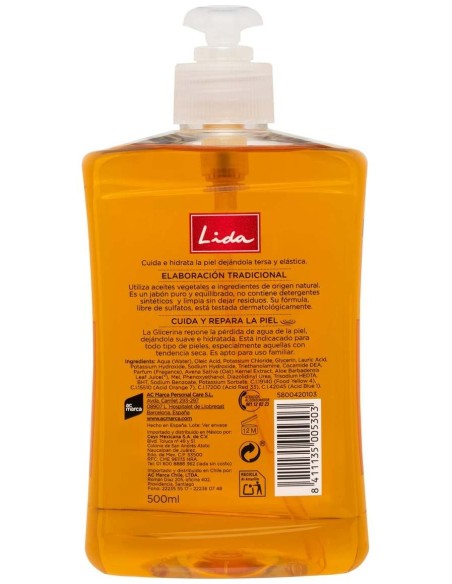 Lida Jabón 100% Natural Manos Glicerina 500Ml