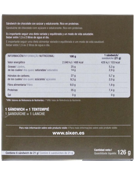 Siken Diet Sandwich Crujiente Chocolate, 6 Uds