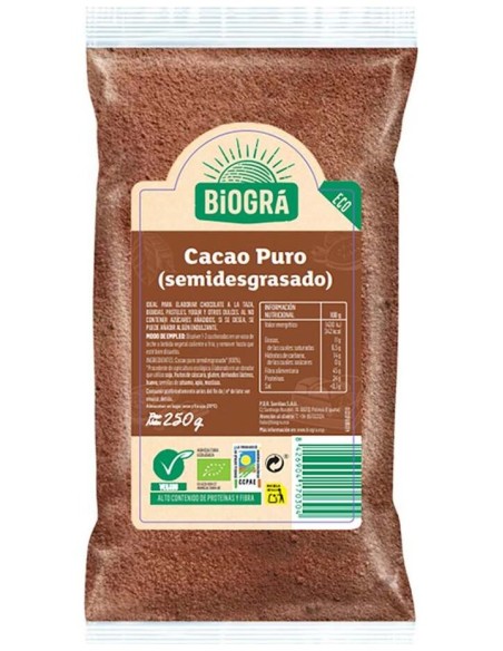 Cacao Puro Semidesgrasado Polvo 250Gr. Bio