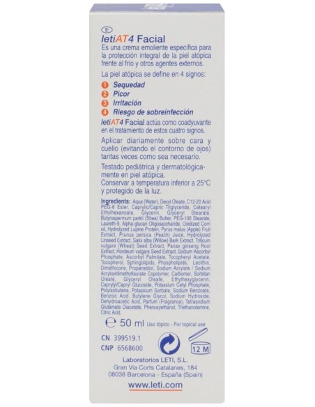 Leti At4 Facial Piel Atópica Y Seca, 50 Ml