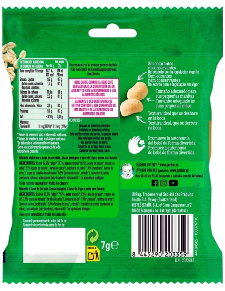 Gerber Organic Puffs Snacks De Cereales Con Tomate 7G