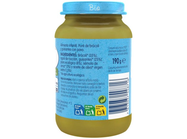 Organic Puré Brócoli Y Guisantes Con Pavo 190 Gr