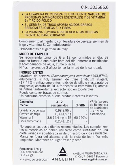 Angelini Levadura De Cerveza Y Germen Trigo, 200 Comprimidos