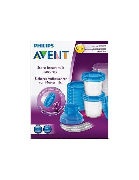Avent Vasos De Almacenamiento Con Tapa 10X180Ml + Adaptadores 2Uds