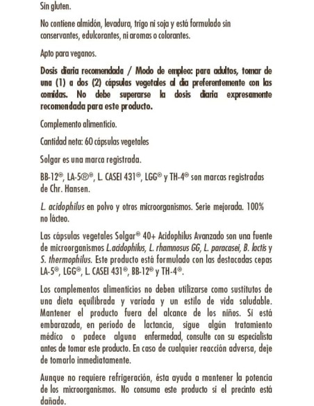 Solgar Advance 40+ Acidophilus 120 Cápsulas