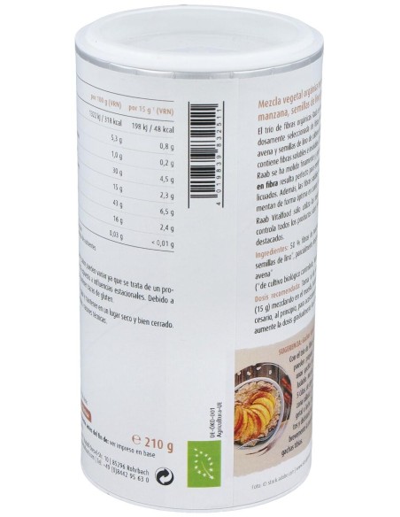 Raab Vitalfood Trio Fibras Manzana + Avena + Lino Bio Vegan 210G
