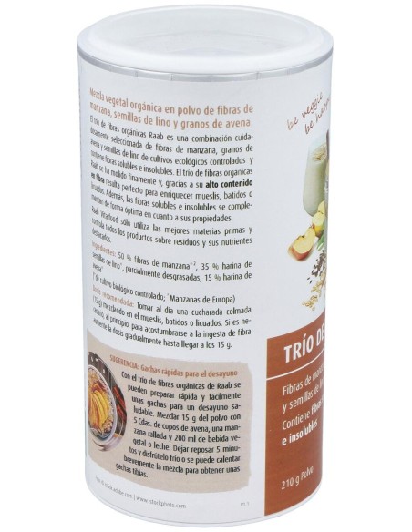 Raab Vitalfood Trio Fibras Manzana + Avena + Lino Bio Vegan 210G