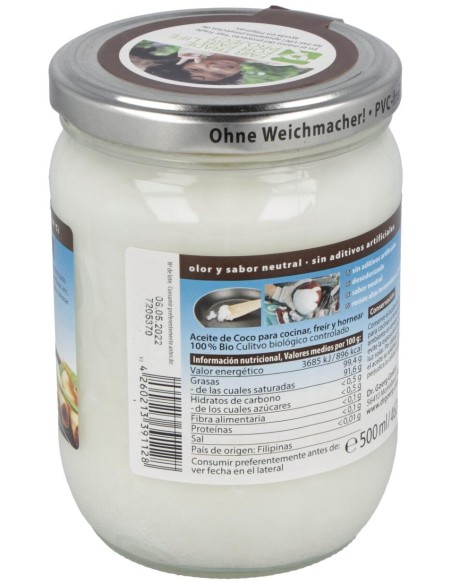 Aceite De Coco Premium Para Cocinar 500Ml. Bio