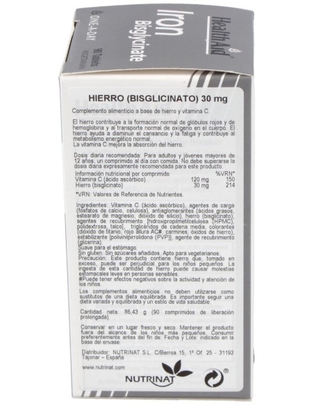 Hierro Bisglycinate Iron+Vit.C 90Comp. Health Aid