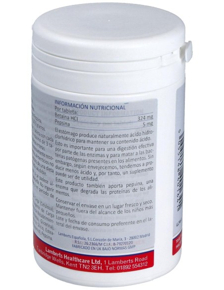 Betaína Hci 324 Mg Y Pepsina 5 Mg 180 Cápsulas