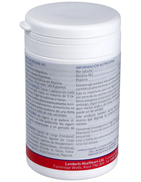 Betaína Hci 324 Mg Y Pepsina 5 Mg 180 Cápsulas