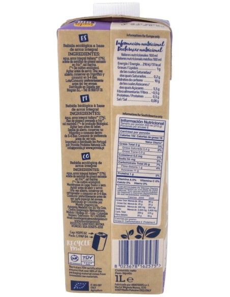 Bebida Vegetal De Arroz Integral 1Lt 6Uds. S/A