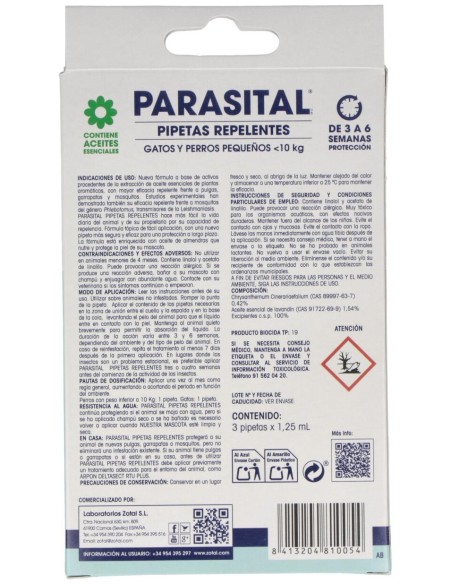Parasital Pipeta Antiparasitario Perros Peq Y Gato