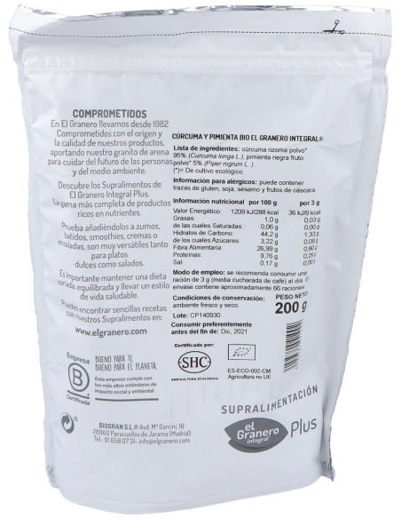 Curcuma Y Pimienta Superalimento Bio 200Gr.