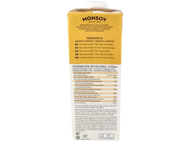 Bebida Vegetal De Avena Sin Gluten 1Lt 6Uds. Bio