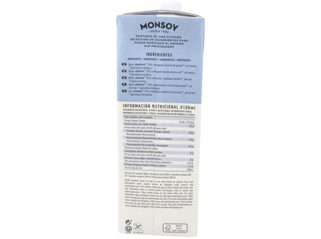 Monsoy Leche De Almendras Sin Azúcar Bio 1000Ml