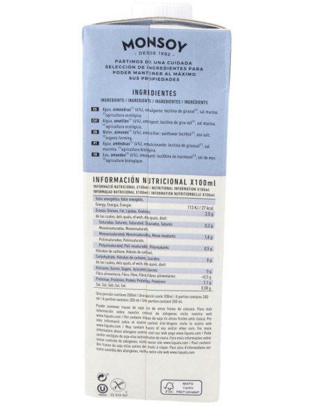 Monsoy Leche De Almendras Sin Azúcar Bio 1000Ml