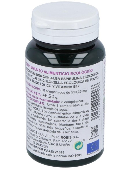 Robis Espirulina+Chlorella +Acido Folico+Hierro+B12 90Comp