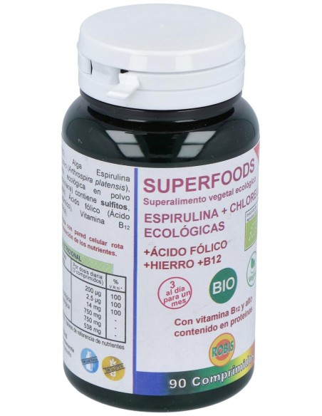 Robis Espirulina+Chlorella +Acido Folico+Hierro+B12 90Comp